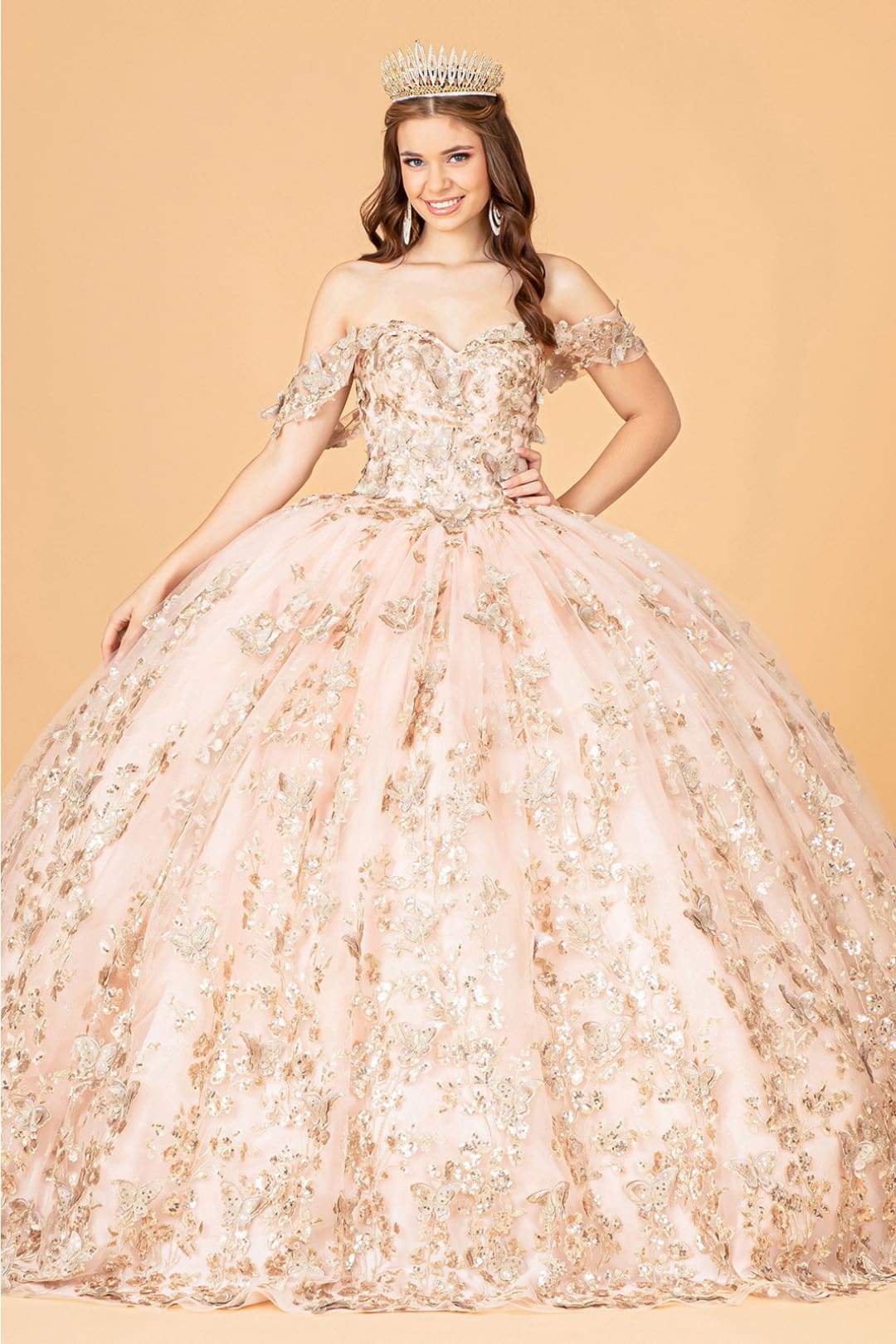3D Butterfly Off Shoulder Ball Gown by Elizabeth K GL3077 - XS / Rose Gold - Quinceanera Dresses