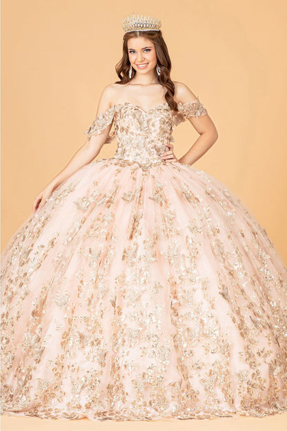3D Butterfly Off Shoulder Ball Gown by Elizabeth K GL3077 - XS / Rose Gold - Quinceanera Dresses