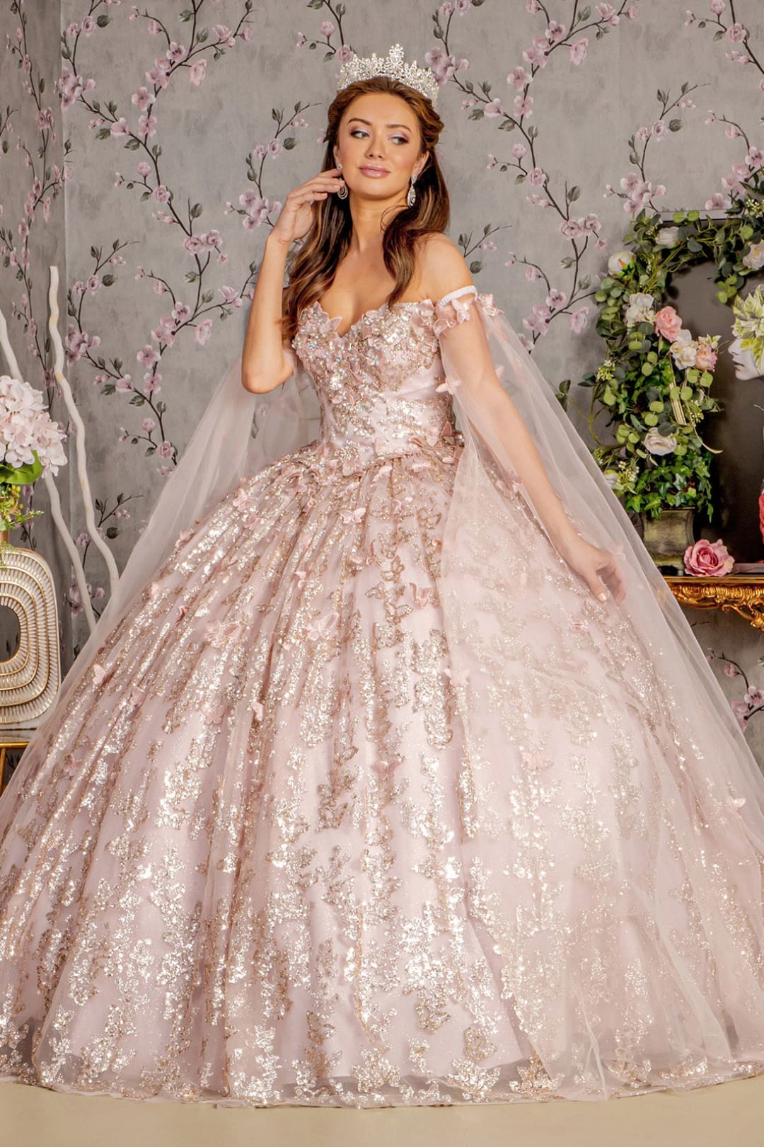 3D Butterfly Off Shoulder Ball Gown by GLS Gloria GL3451 - XS / Mauve - Quinceanera Dresses