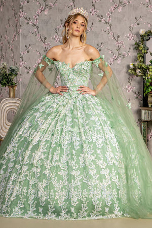 3D Butterfly Off Shoulder Ball Gown by GLS Gloria GL3451 - XS / Sage - Quinceanera Dresses