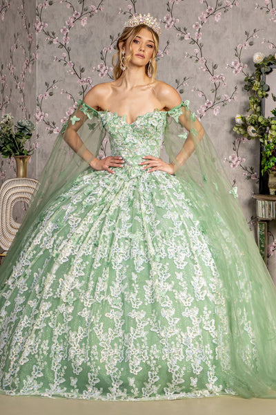 3D Butterfly Off Shoulder Ball Gown by GLS Gloria GL3451 - XS / Sage - Quinceanera Dresses