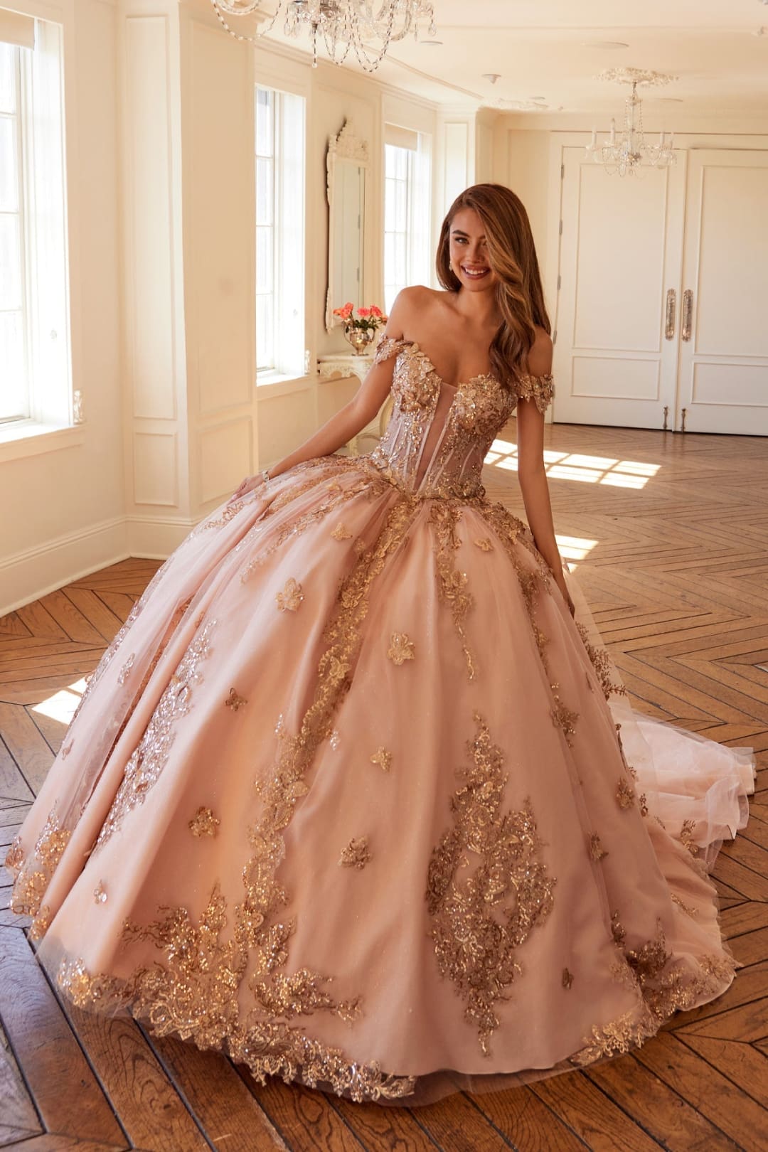 3D Butterfly Off Shoulder Ball Gown by Juliet JT1485J - Quinceanera Dresses
