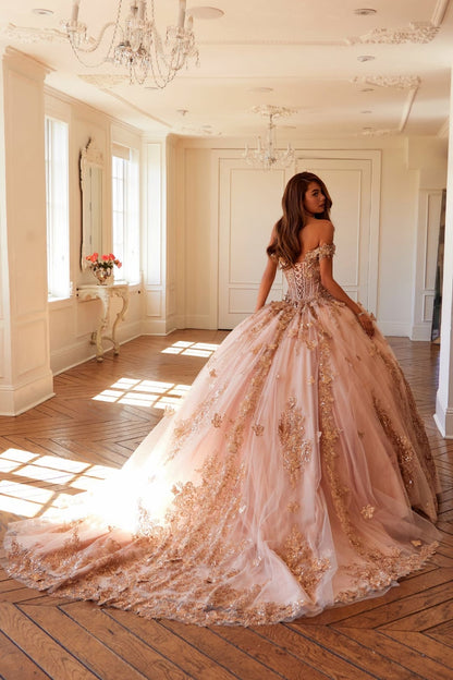 3D Butterfly Off Shoulder Ball Gown by Juliet JT1485J - Quinceanera Dresses