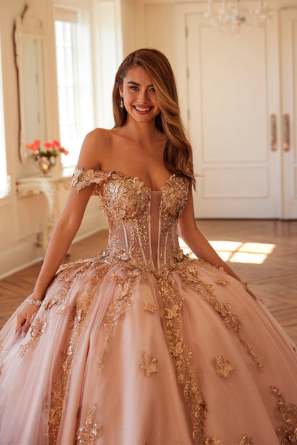 3D Butterfly Off Shoulder Ball Gown by Juliet JT1485J - Quinceanera Dresses