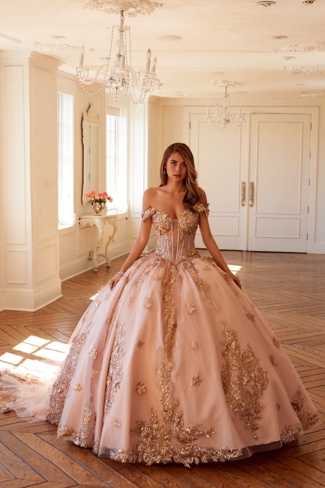 3D Butterfly Off Shoulder Ball Gown by Juliet JT1485J - Rose Gold / 2 - Quinceanera Dresses