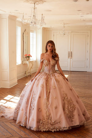 3D Butterfly Off Shoulder Ball Gown by Juliet JT1485J - Rose Gold / 2 - Quinceanera Dresses