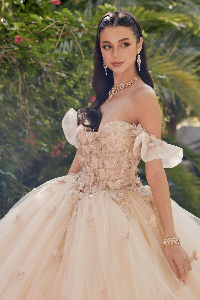 Juliet 1448J 3D Butterfly Appliqué Off Shoulder Glitter Tulle Corset Quinceanera Dress