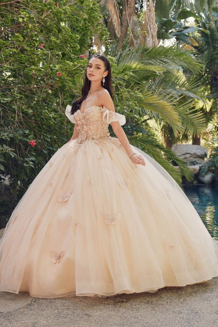 Juliet 1448J 3D Butterfly Appliqué Off Shoulder Glitter Tulle Corset Quinceanera Dress