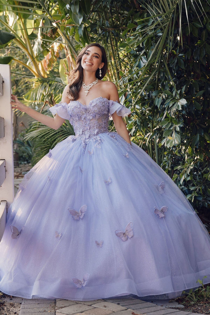 Juliet 1448J 3D Butterfly Appliqué Off Shoulder Glitter Tulle Corset Quinceanera Dress
