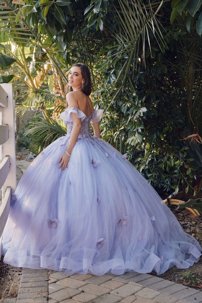 Juliet 1448J 3D Butterfly Appliqué Off Shoulder Glitter Tulle Corset Quinceanera Dress