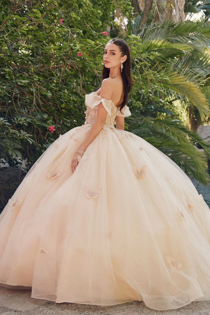 Juliet 1448J 3D Butterfly Appliqué Off Shoulder Glitter Tulle Corset Quinceanera Dress