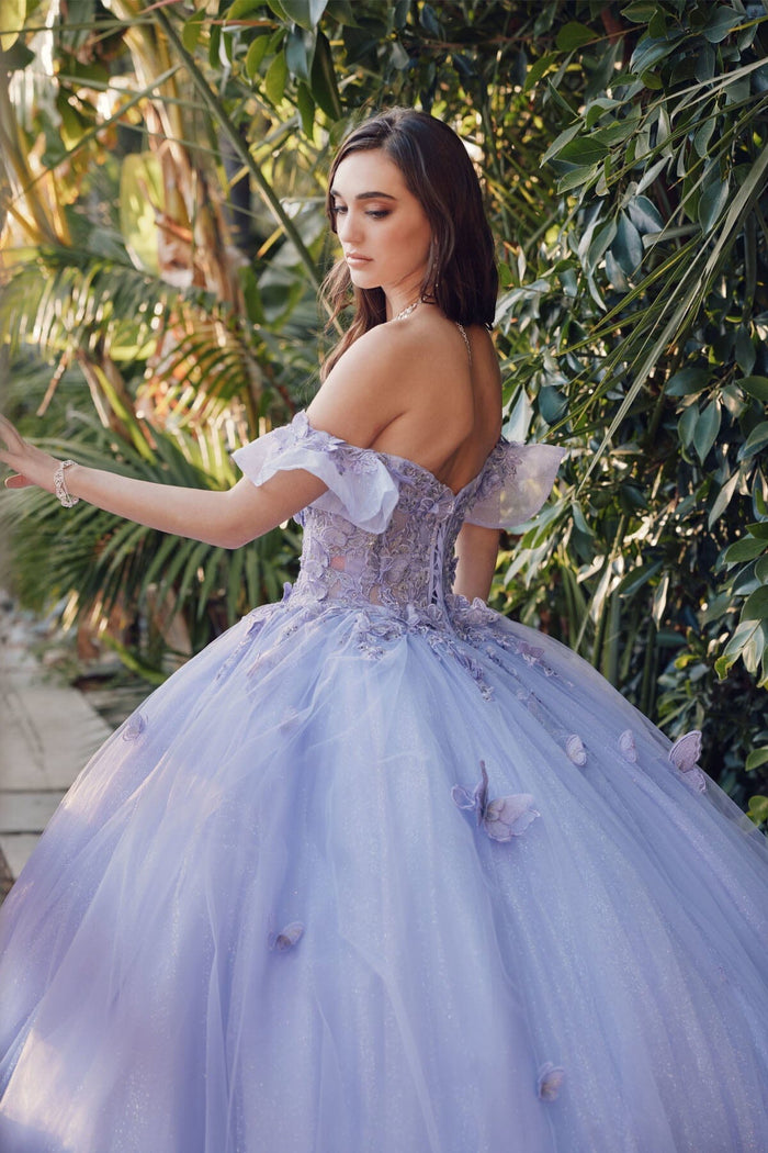 Juliet 1448J 3D Butterfly Appliqué Off Shoulder Glitter Tulle Corset Quinceanera Dress