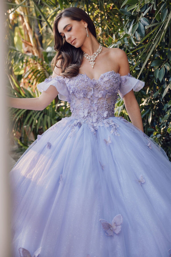 Juliet 1448J 3D Butterfly Appliqué Off Shoulder Glitter Tulle Corset Quinceanera Dress