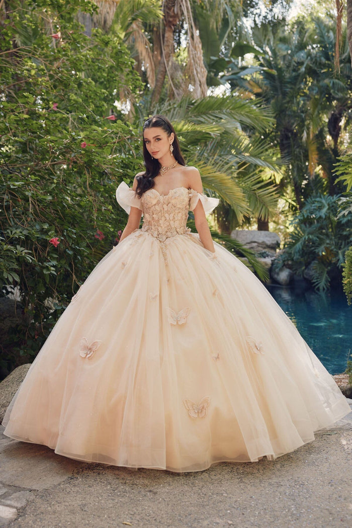 Juliet 1448J 3D Butterfly Appliqué Off Shoulder Glitter Tulle Corset Quinceanera Dress
