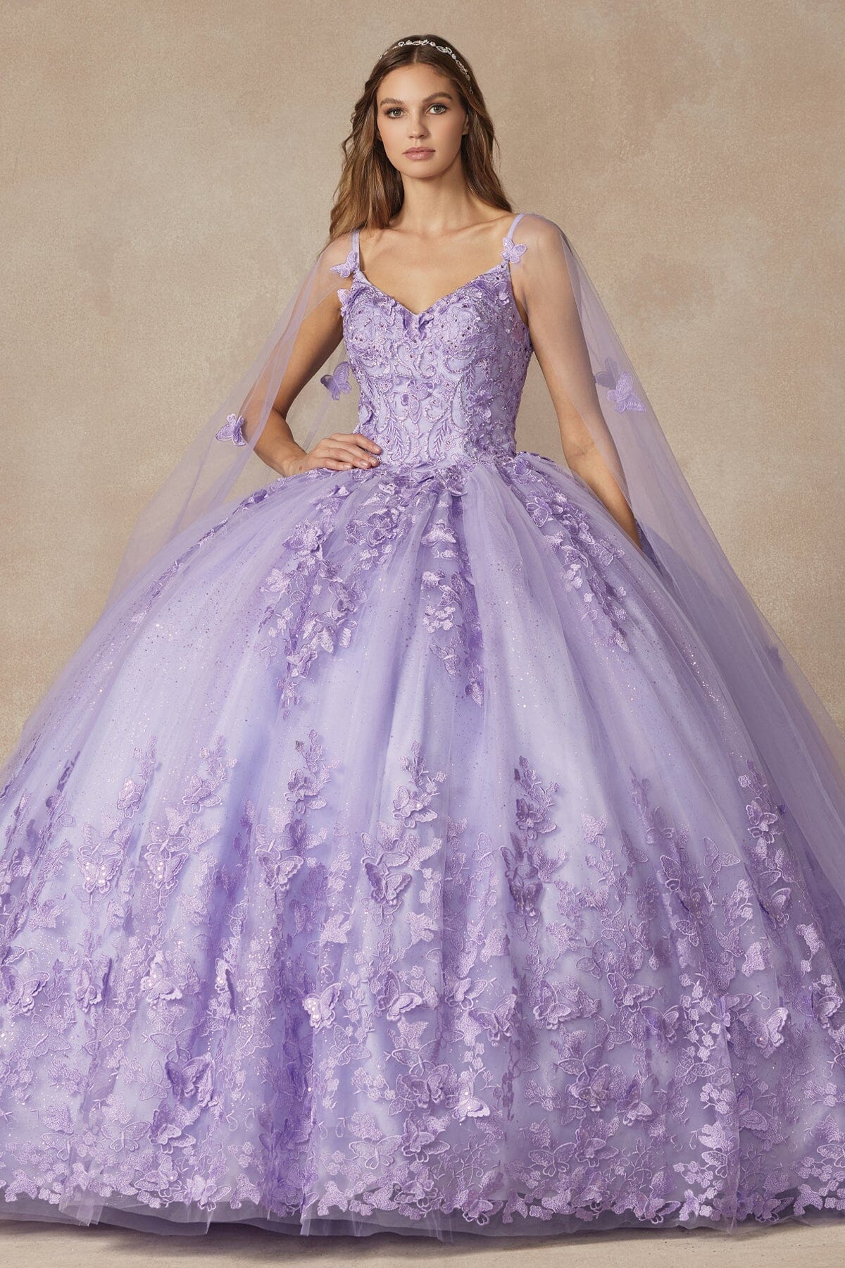 Juliet 1442 3D Butterfly Appliqué Glitter Tulle Sleeveless Quinceanera Dress