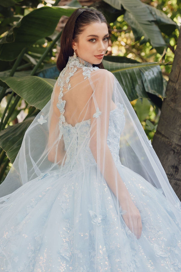 Juliet 1449J 3D Butterfly Applique Glitter Tulle Strapless Quinceanera Dress