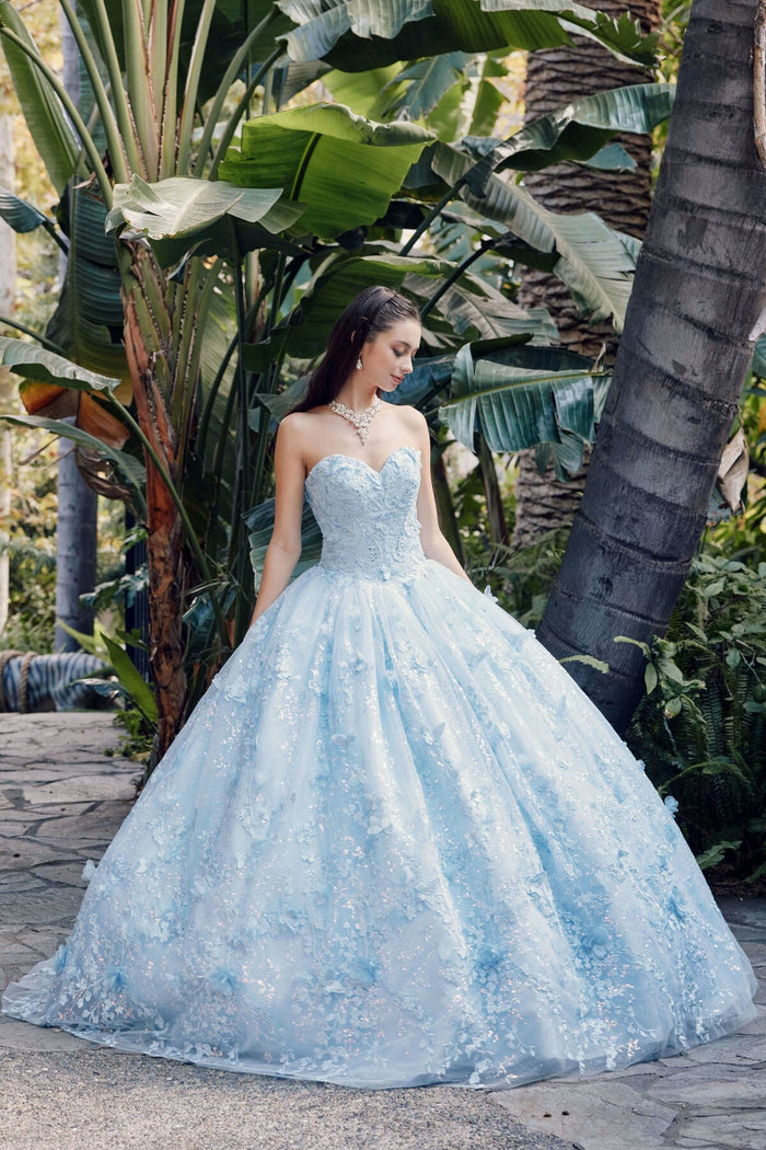 Juliet 1449J 3D Butterfly Applique Glitter Tulle Strapless Quinceanera Dress