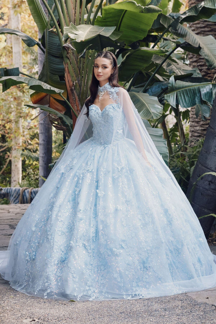 Juliet 1449J 3D Butterfly Applique Glitter Tulle Strapless Quinceanera Dress