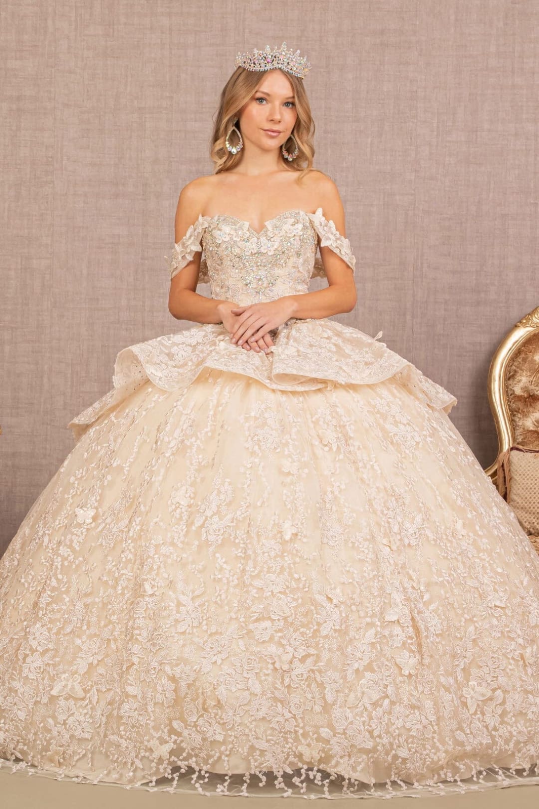 3D Butterfly Sweetheart Ball Gown by Elizabeth K GL3112 - XS / Champagne - Quinceanera Dresses