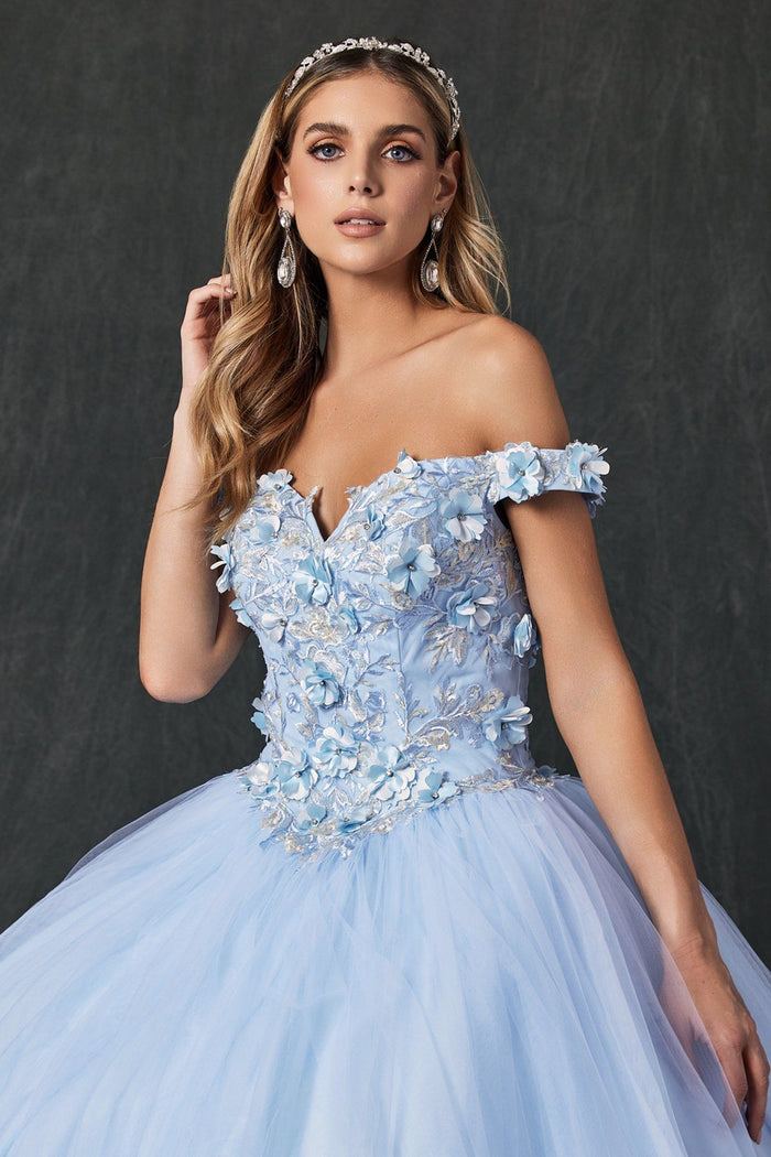 Juliet 1434 3D Floral Applique Off Shoulder Lace-Up Corset Quinceanera Dress