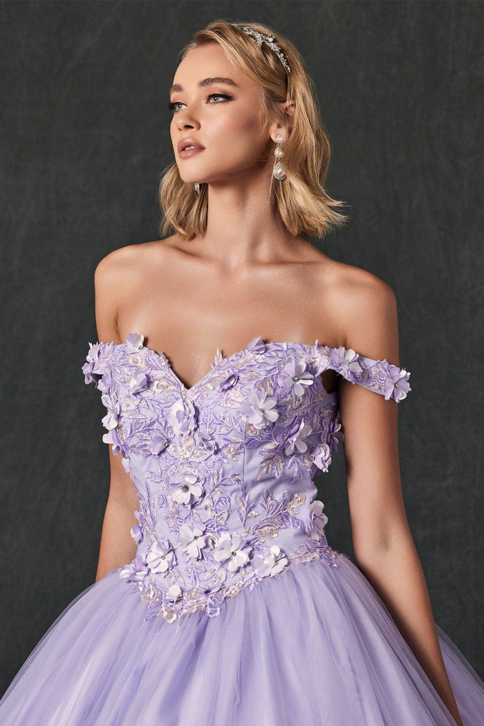 Juliet 1434 3D Floral Applique Off Shoulder Lace-Up Corset Quinceanera Dress