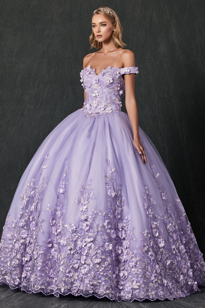 Juliet 1434 3D Floral Applique Off Shoulder Lace-Up Corset Quinceanera Dress