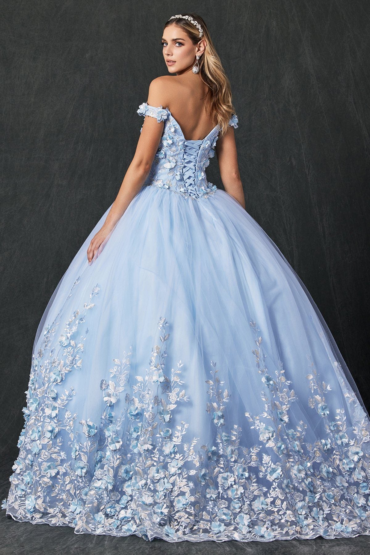 Juliet 1434 3D Floral Applique Off Shoulder Lace-Up Corset Quinceanera Dress