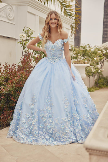 Juliet 1434 3D Floral Applique Off Shoulder Lace-Up Corset Quinceanera Dress