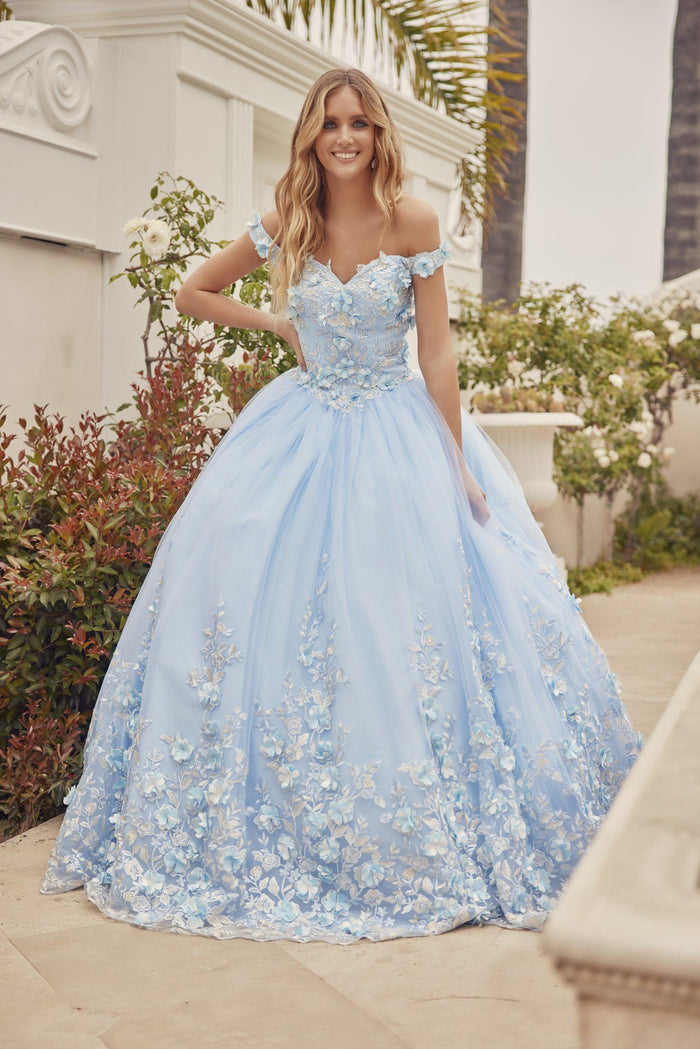 Juliet 1434 3D Floral Applique Off Shoulder Lace-Up Corset Quinceanera Dress