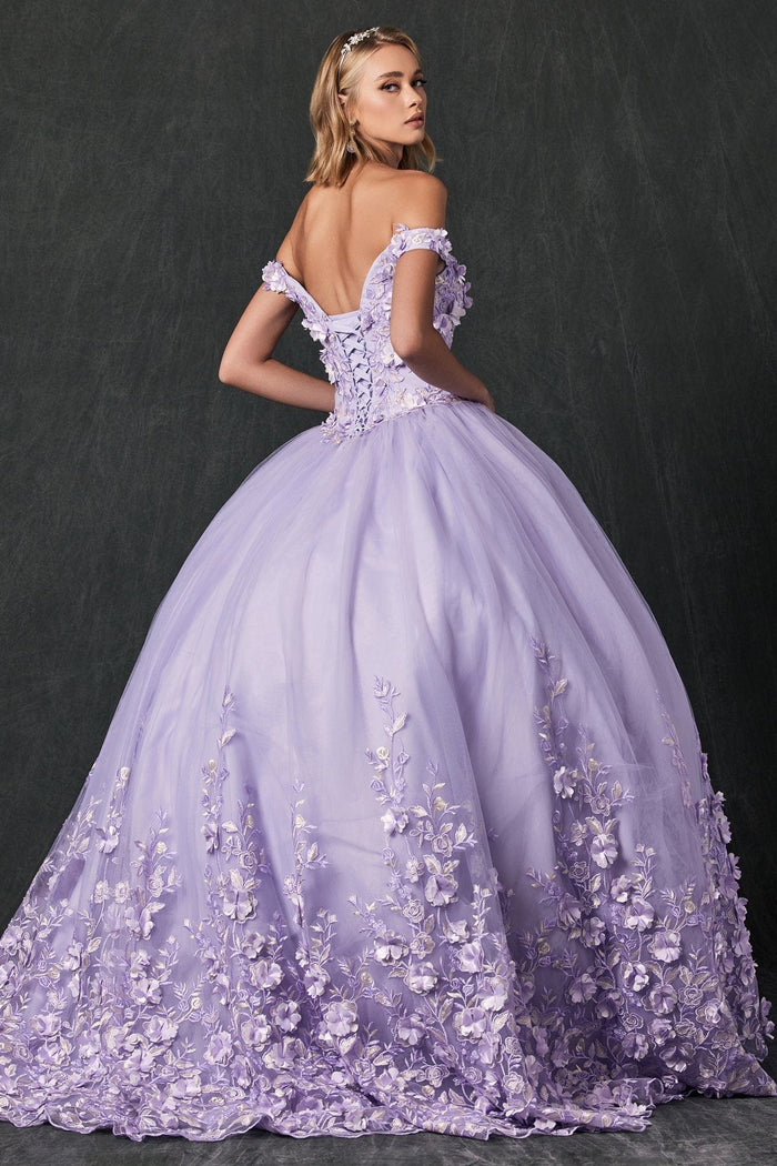 Juliet 1434 3D Floral Applique Off Shoulder Lace-Up Corset Quinceanera Dress
