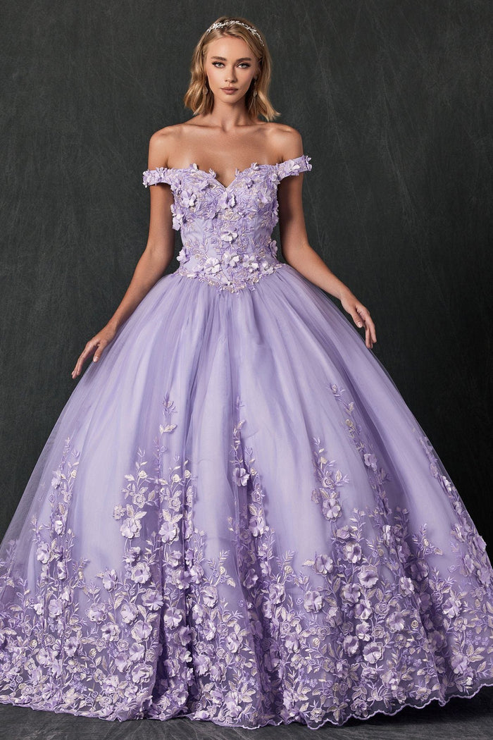 Juliet 1434 3D Floral Applique Off Shoulder Lace-Up Corset Quinceanera Dress