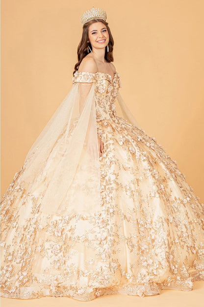 3D Floral Cape Sleeve Ball Gown by Elizabeth K GL1970 - Quinceanera Dresses