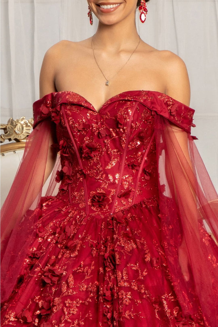 3D Floral Cape Sleeve Ball Gown by Elizabeth K GL1970 - Quinceanera Dresses