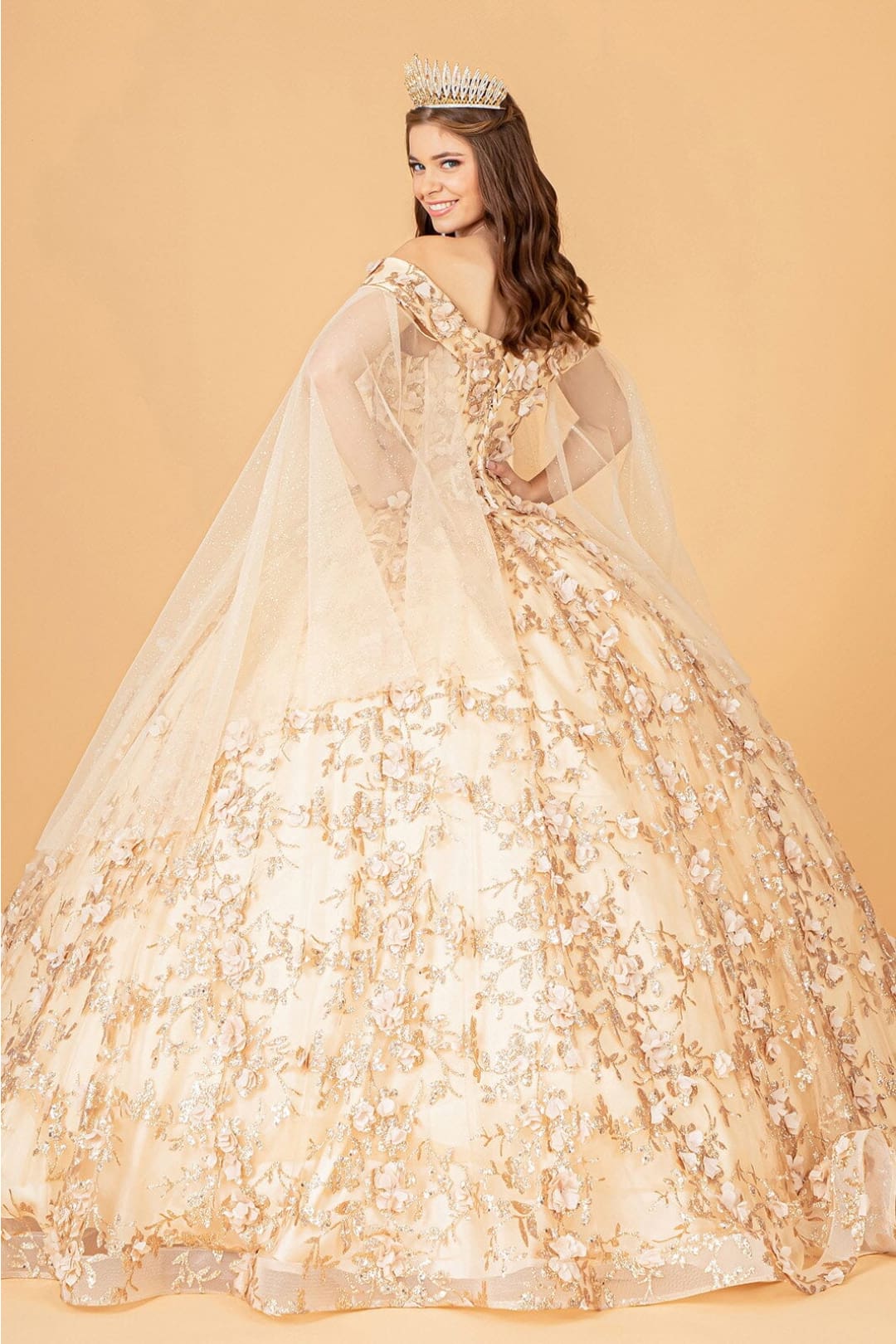 3D Floral Cape Sleeve Ball Gown by Elizabeth K GL1970 - Quinceanera Dresses