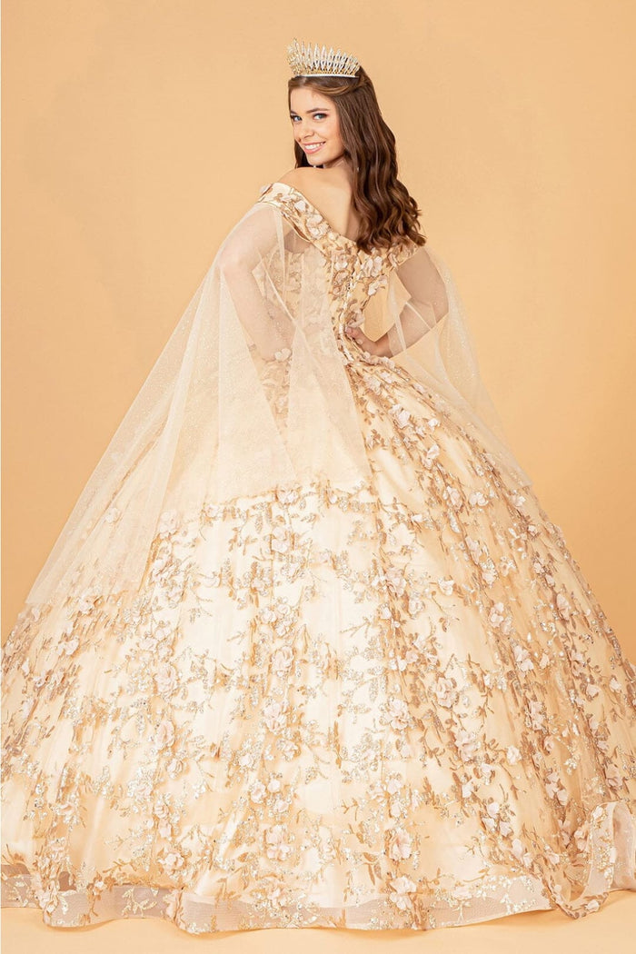 3D Floral Cape Sleeve Ball Gown by Elizabeth K GL1970 - Quinceanera Dresses
