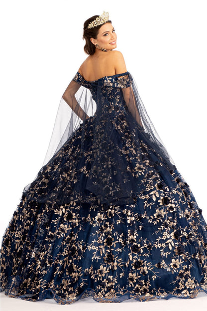 3D Floral Cape Sleeve Ball Gown by Elizabeth K GL1970 - Quinceanera Dresses