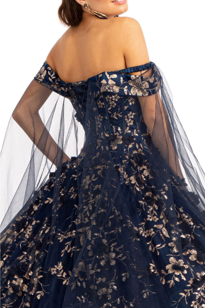 3D Floral Cape Sleeve Ball Gown by Elizabeth K GL1970 - Quinceanera Dresses