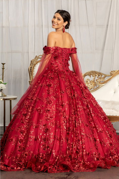 3D Floral Cape Sleeve Ball Gown by Elizabeth K GL1970 - Quinceanera Dresses