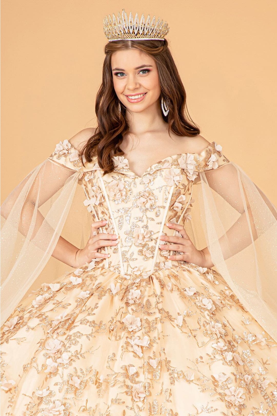 3D Floral Cape Sleeve Ball Gown by Elizabeth K GL1970 - Quinceanera Dresses