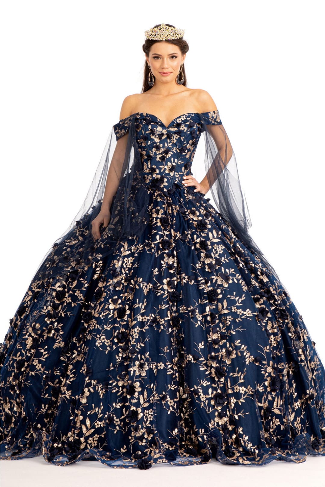 3D Floral Cape Sleeve Ball Gown by Elizabeth K GL1970 - Quinceanera Dresses