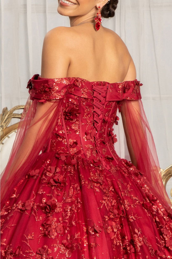 3D Floral Cape Sleeve Ball Gown by Elizabeth K GL1970 - Quinceanera Dresses