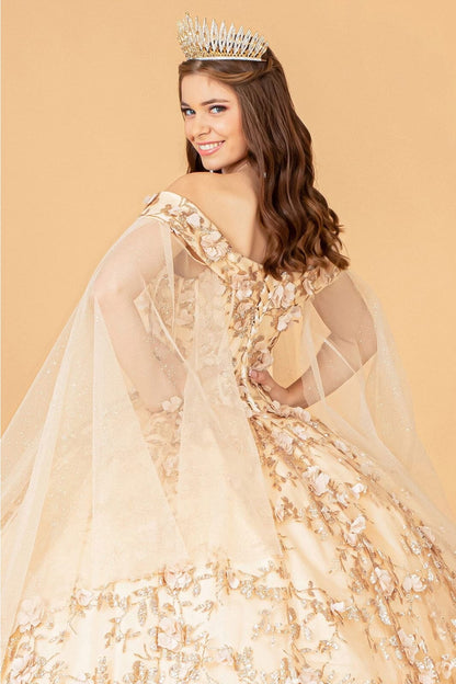 3D Floral Cape Sleeve Ball Gown by Elizabeth K GL1970 - Quinceanera Dresses