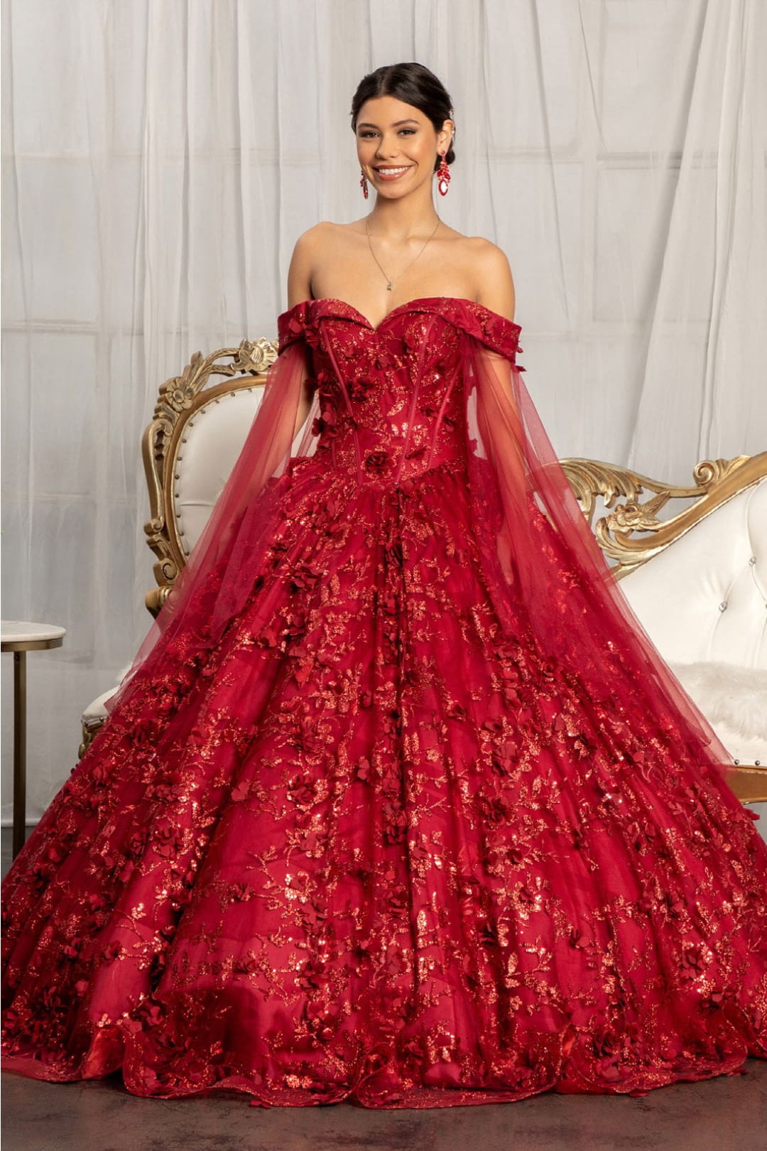 3D Floral Cape Sleeve Ball Gown by Elizabeth K GL1970 - XS / Burgundy - Quinceanera Dresses