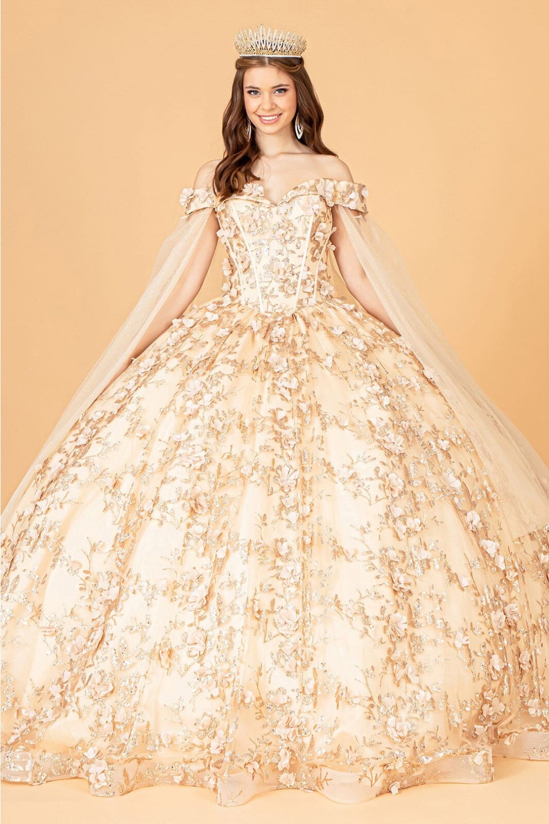 3D Floral Cape Sleeve Ball Gown by Elizabeth K GL1970 - XS / Champagne - Quinceanera Dresses