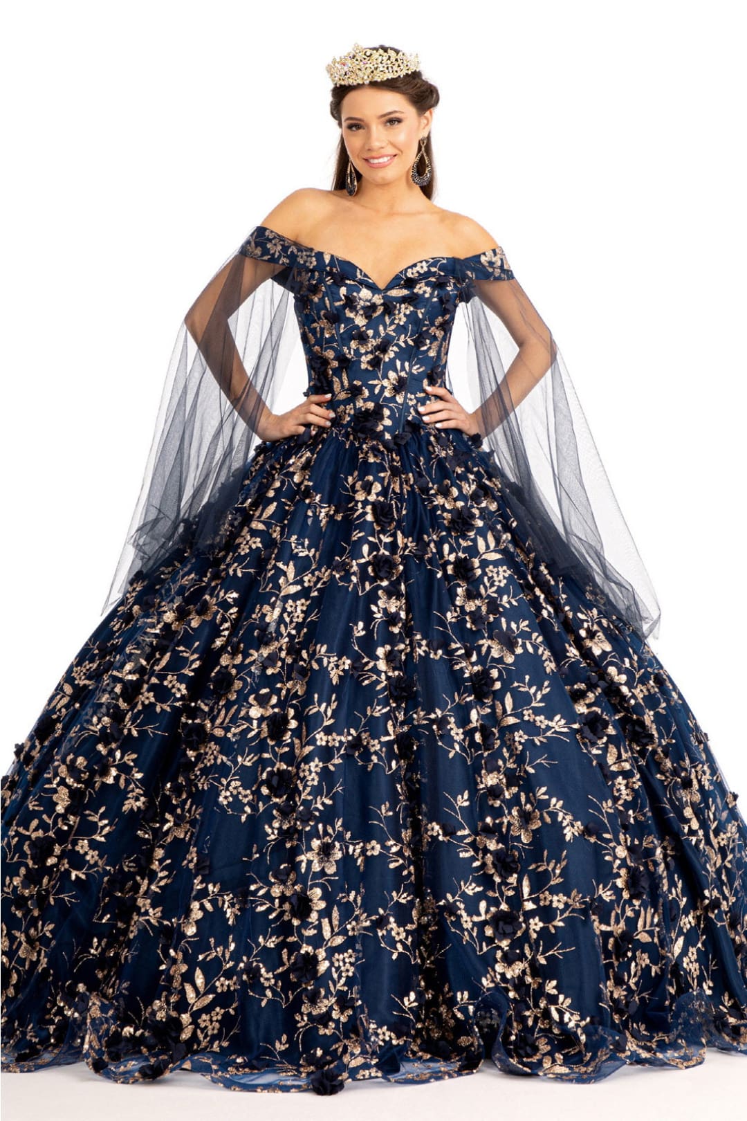3D Floral Cape Sleeve Ball Gown by Elizabeth K GL1970 - XS / Navy - Quinceanera Dresses