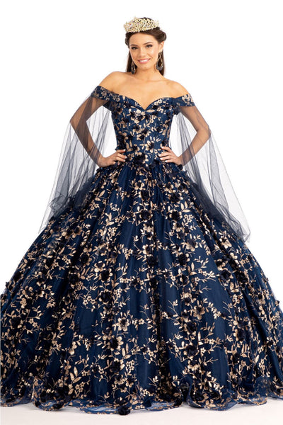 3D Floral Cape Sleeve Ball Gown by Elizabeth K GL1970 - XS / Navy - Quinceanera Dresses