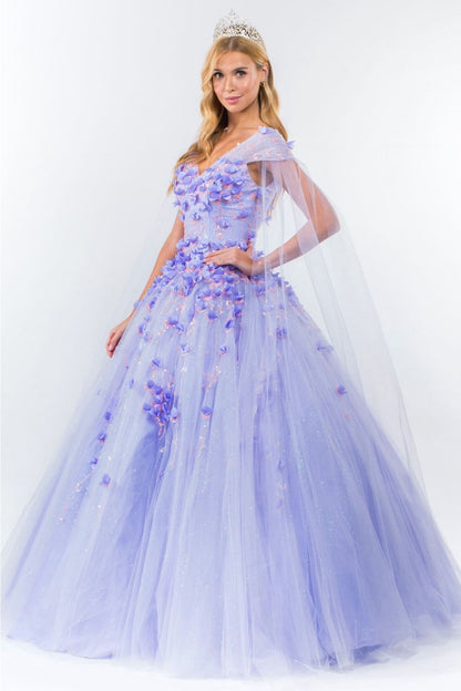 3D Floral Cape Sleeve Ball Gown by Elizabeth K GL1974 - Quinceanera Dresses