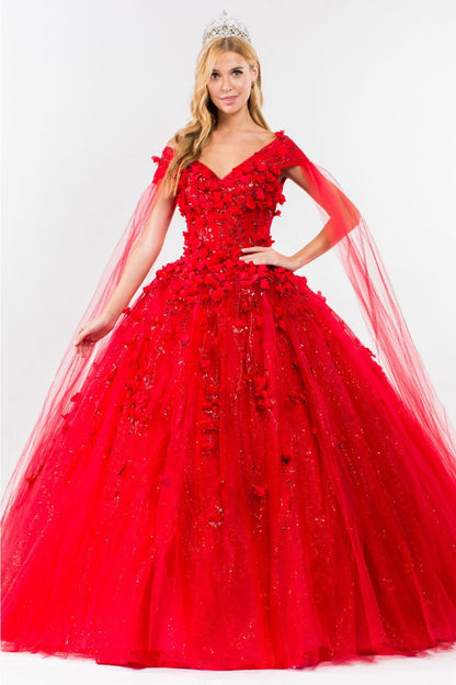3D Floral Cape Sleeve Ball Gown by Elizabeth K GL1974 - XS / Red - Quinceanera Dresses