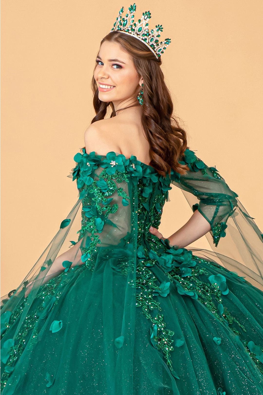 3D Floral Cape Sleeve Ball Gown by Elizabeth K GL3075 - Quinceanera Dresses
