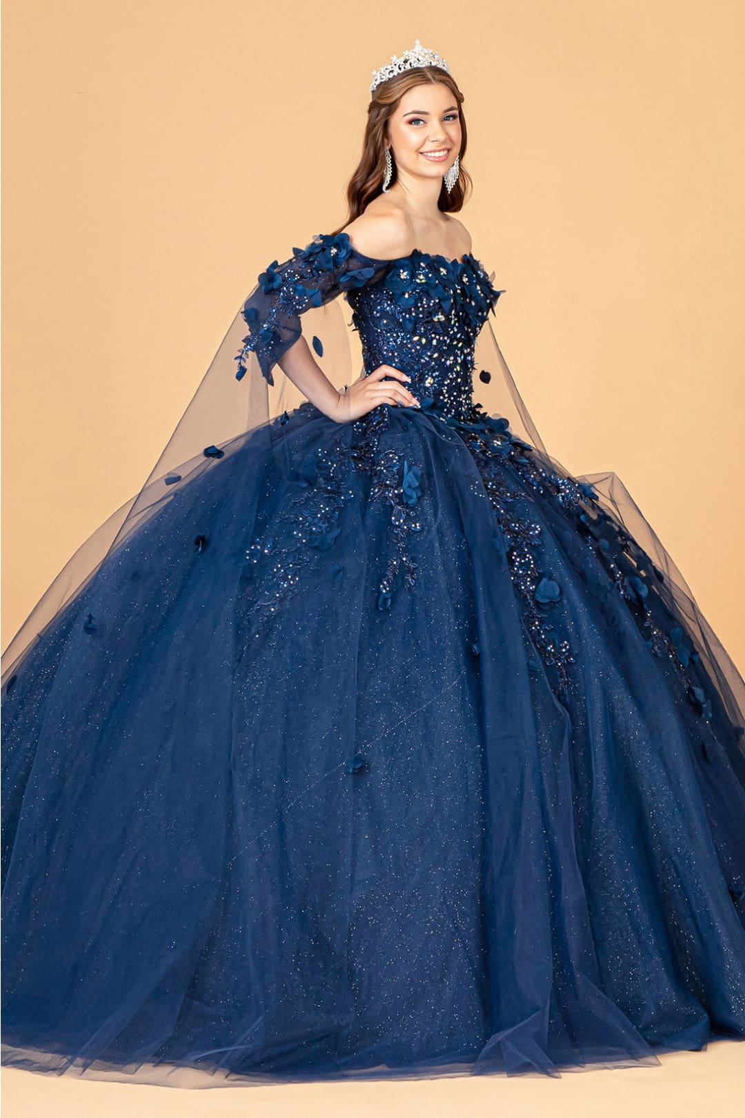 3D Floral Cape Sleeve Ball Gown by Elizabeth K GL3075 - Quinceanera Dresses